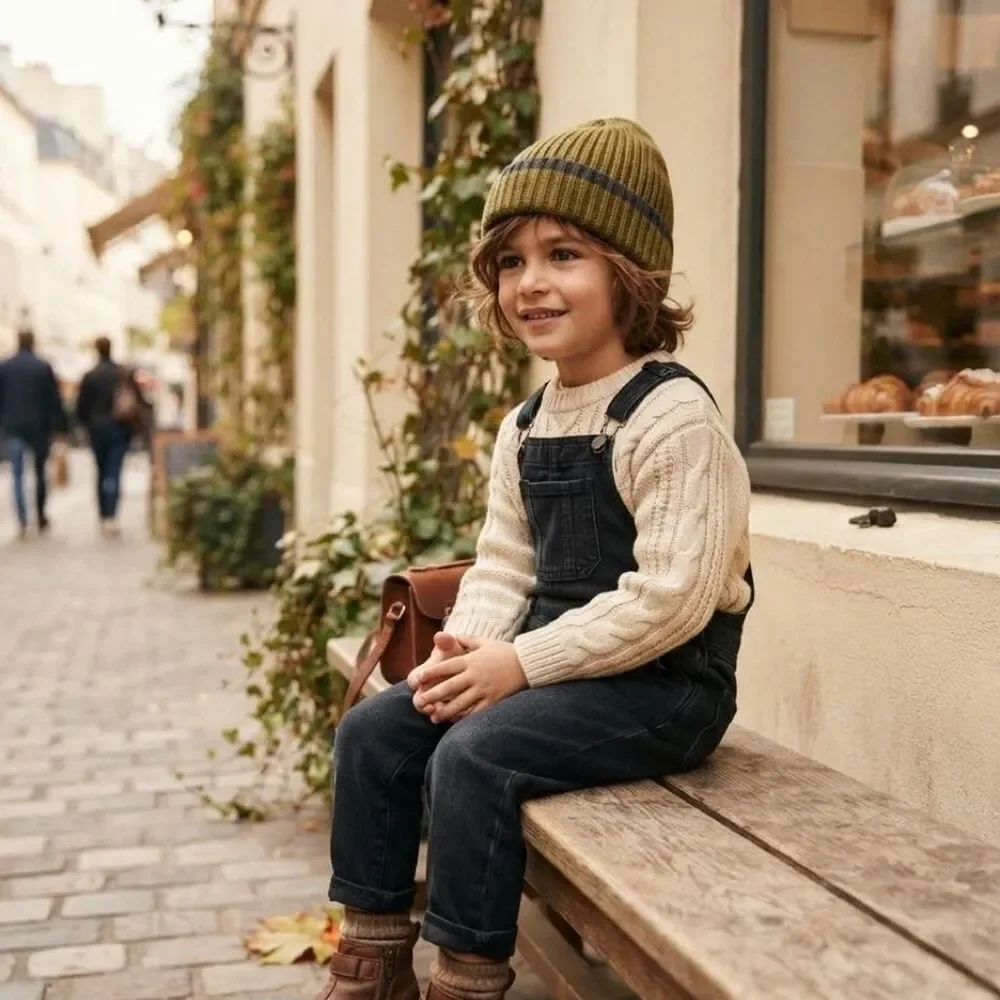 Zara Kids Ribbed Knit Beanie Winter Hat Khaki Green Charcoal Stripe